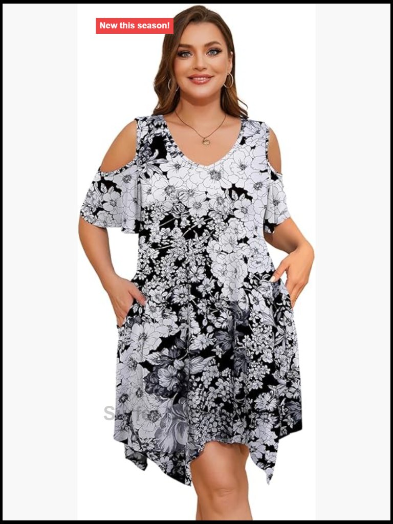 Plus Size Cold Shoulder Dress With Pockets Knee Length Midi Sundress